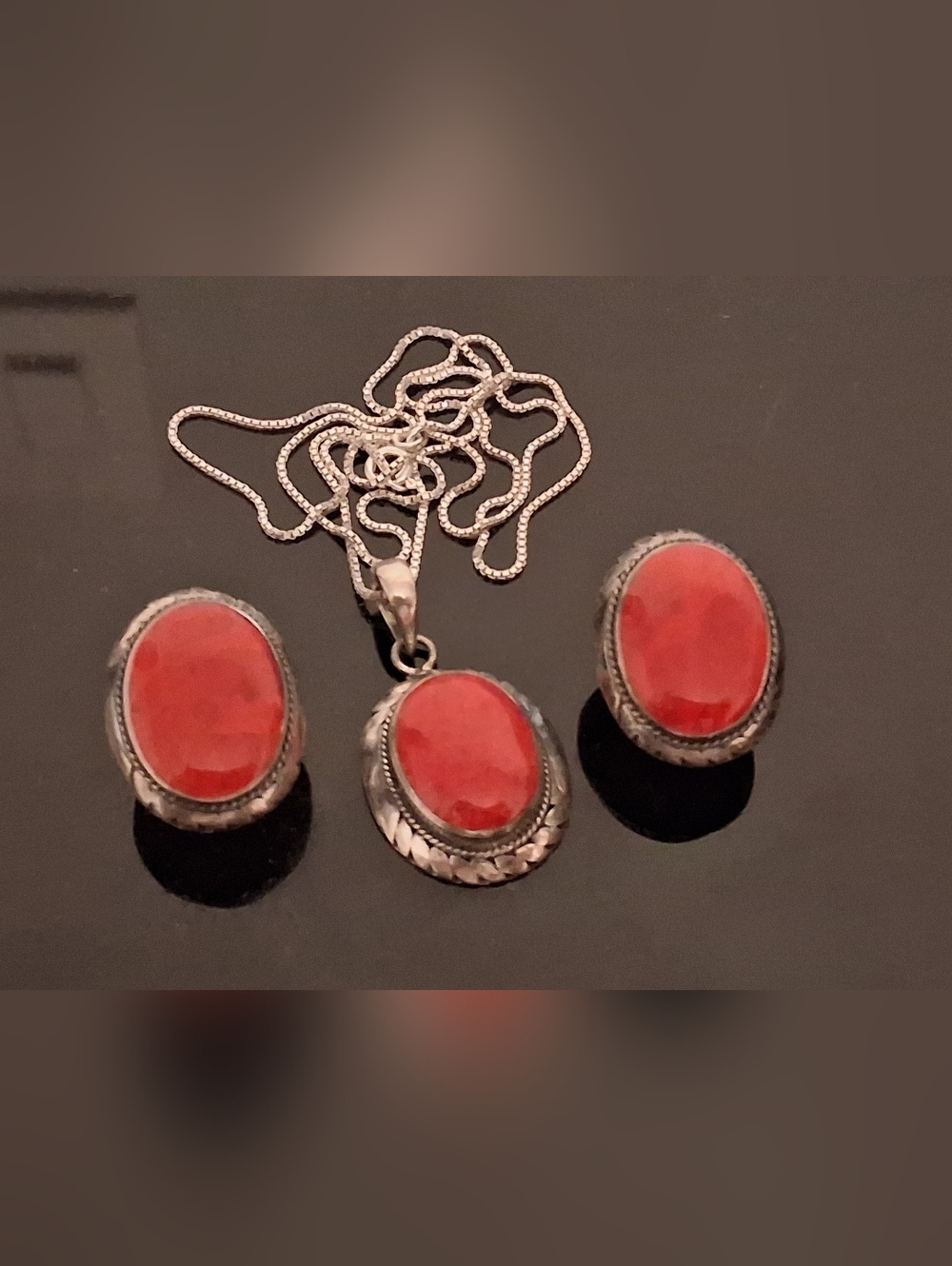 Sarda Bali Steriling Silver 925 Red Earrings And Pendant Lot